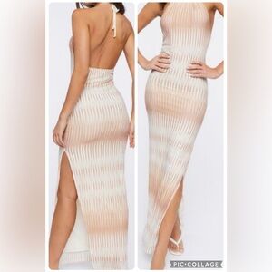 Forever 21 Halter Elegant Beige Maxi Dress Lined Side Split Size L